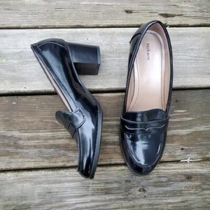 Vintage 90s y2k Bratz Black Vegan Faux Leather Chunky Heeled Punk Penny Loafers - Picture 1 of 8