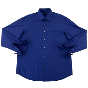 HUGO BOSS Shirt Mens 43 17 Dark Blue Button Up Long Sleeve Preppy Cotton A79 - Picture 1 of 8