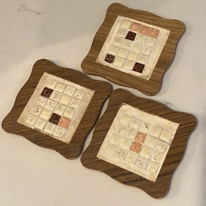 Vintage Folk Art Mosaic Tile Coasters 1960’s Set of 3 - Picture 1 of 12