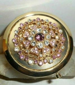 Gold tone double mirrored compact with assorted colored rhinestones - Picture 1 of 8
