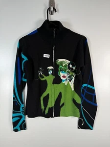 Vtg Noun Paris Womens Full Zip AOP Rhinestones Acrylic Sweater Black Sz 17.5x21 - Picture 1 of 11
