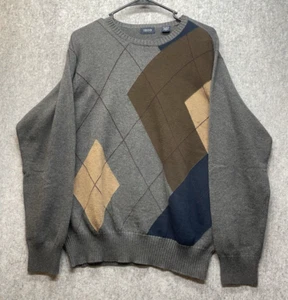 Izod Men's Medium 100% Cotton Pullover Knit Sweater Gray Argyle Long Sleeve - Picture 1 of 14