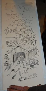 VINTAGE COVERED BRIDGE CONNECTICUT  INK PAPER DRAWING 25 1/2'' X 9 1/2''  - Picture 1 of 4