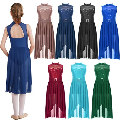 Girls Leotard Shiny Dance Dress Rhinestone Lyrical High-Low Hem Kids Mesh - Image 1 of 4