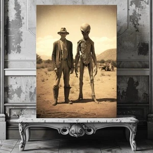 Farmer & Alien in Desert Canvas Print - Vintage Photo, Spooky Decor - Picture 1 of 18