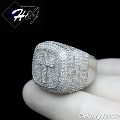 男式纯色 925 纯银 ICY BLING CZ 银色 3D 方形交叉戒指 * SR244 — 第 1/4 张图片