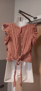 GYPSIES & MOONDUST RED TAN SHIRT Top Cotton SPANDEX CROP BLOUSE CHECKERS Sz S - Picture 1 of 6