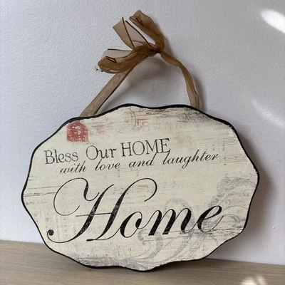 BENDICE NUESTRO HOGAR CON AMOR Y RISA Letrero Madera Estilo Vintage 10x8" Colgante de Pared Foto 1 de 4