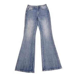 Pantalones de mezclilla elásticos desgastados lavados ligeros acampanados tiro alto Kancan para mujer 27/07 - Imagen 1 de 12
