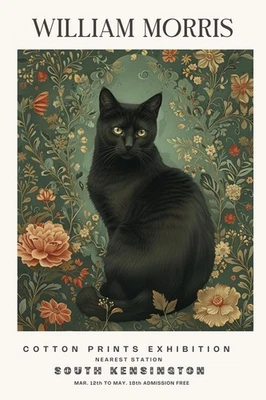 William Morris Vintage Black Cat Cotton Prints Exhibition Wall Poster A3 A4A5 — 第 1/4 张图片