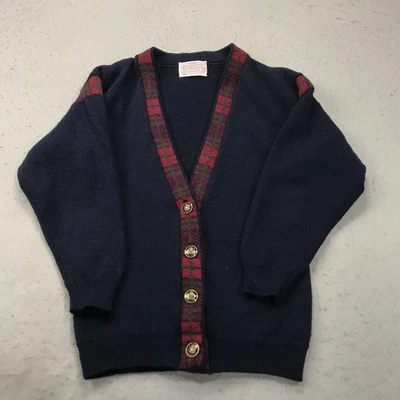 Vintage Pendleton Sweater Womens Small Petite Navy Wool Cardigan Plaid Trim 80s - Image 1 of 4