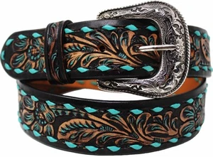 3536 Western 1 1/2" Wide Rodeo Floral Tooled Teal Buckstitch Leather Belt 26FK11 - Picture 1 of 4