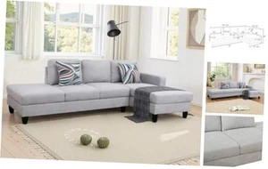 Sectional Couch 2 Pieces Sofa Set with Lint L Shaped Left Chaise Grey White - Picture 1 of 7