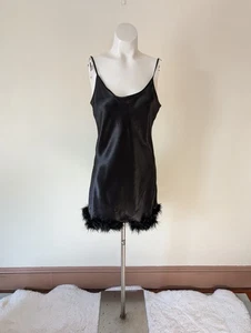 Vintage Black Slip Dress S Feather Trim Liquid Satin Mini Grunge Whimsigoth - Picture 1 of 16