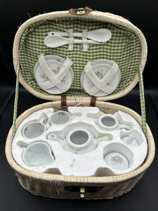 Delton Vtg Porcelain Child's Tea Set Hand Painted Floral Motif in Picnic Basket - Picture 1 of 9