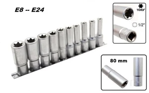 SET DI CHIAVI A BUSSOLA LUNGHE 80 mm PROFILO INTERNO TORX FEMMINA DA 1/2 E8-E24- - Foto 1 di 4