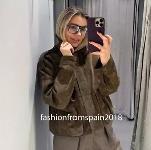 ZARA NEW WOMAN 100% SUEDE BOMBER JACKET WITH POCKETS KHAKI XS-XL 4341/771/505 - Picture 1 of 3
