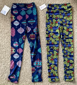2 NWT Lularoe Girl L/XL Christmas Leggings Ornament Holly blue green holiday NEW - Picture 1 of 3
