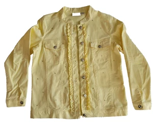 Jean Jacket Sunshine Yellow QUACKER FACTORY Ruffles Rhinestones; Stretch Sm EUC - Picture 1 of 10