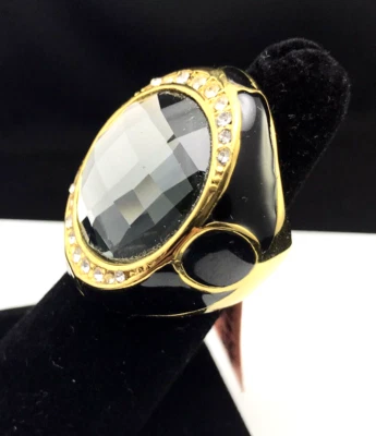 Nuevo Anillo Simulado Plata Zafiro Cristal Austriaco Chapado Oro Amarillo Grande Negro Foto 1 de 4