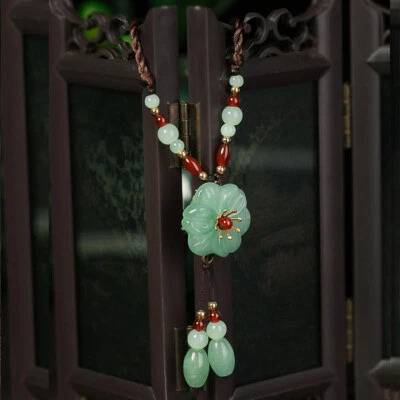Green Jade Flower Pendant Natural Necklace Gemstone 925 Silver Chalcedony women - Image 1 of 4