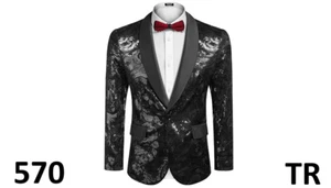 COOFANDY Men Shiny Sequins Blazer Floral Suit Jacket Stylish Tuxedo, Black, 3XL - Picture 1 of 6