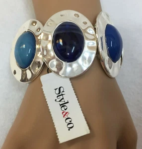 Stretch Bracelet Blue Cabochon Plastic Stones Silver Tone Metal Style&Co - Picture 1 of 5