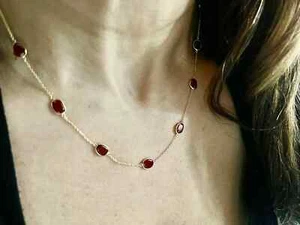 Oval Cut Natural Red Ruby 2.50Ct Station By The Yard Necklace In 14K Yellow Gold - Picture 1 of 10