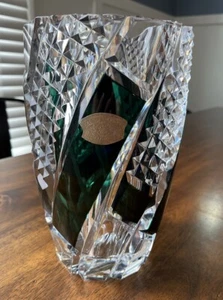 Vintage Val St. Lambert Cut Glass Crystal Emerald Green & Clear Vase 9" - Picture 1 of 10
