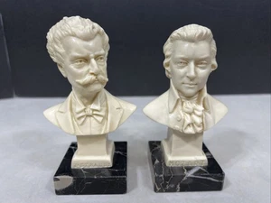 Vintage pair Head Busts A. Santino Signed Marble Musicians J Strauss Mozart - Picture 1 of 8