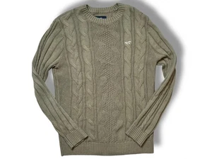 Hollister Men’s Cable Knit Sweater Small Khaki Green Crew Neck Jumper Logo - Picture 1 of 9