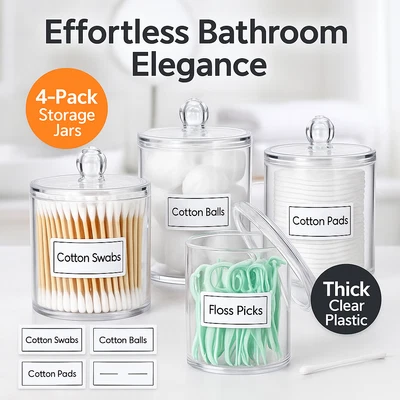 Juego de tarros de hisopo de algodón de plástico transparente con tapas - organizador de tocador de baño 4 piezas Foto 1 de 4