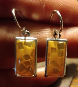 Orecchini pendenti goccia resina chip Abalone MOP giallo tono argento 925 rettangolo CARINO - Foto 1 di 13