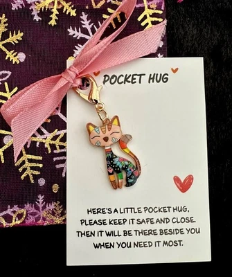 Pretty Blue, Pink Enamel Patterned Cat Bag /Purse Charm with ‘Pocket Hug’ Card - Image 1 of 4