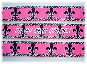 7/8 OH SO FABULOUS FLEUR DE LIS HOT PINK BLACK ZEBRA CHEER GROSGRAIN RIBBON - Picture 1 of 1