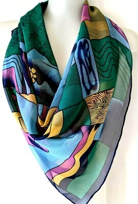 Picasso Silk Square Scarf Abstract Blue Green Purple Hand Rolled Vintage 34*34" - Изображение 1 из 4