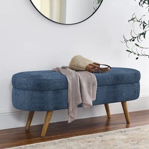 Ottoman Oval Storage Bench,Rubber Wood Legs, Dark Blue - Picture 1 of 13