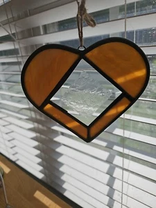 Stained Glass Heart Suncatcher 7" Handmade Orange Glass 3" GlueChip Clear Bevel  - Picture 1 of 4