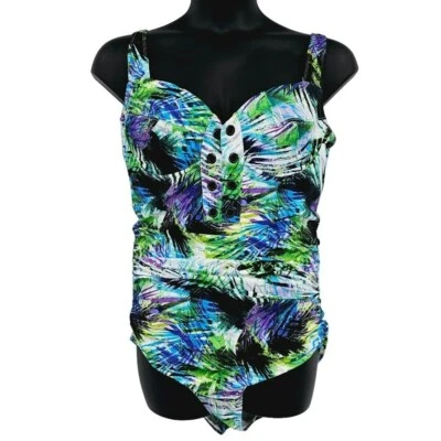 Torrid 1 Piece Swimsuit 2 Purple Green Blue Floral Fern Print Tropical Front Tie - Image 1 of 4