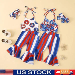 3PCS Infant Baby Girl Summer Clothes Set Off Shoulder Tops Flare Pants Headband - Picture 1 of 10