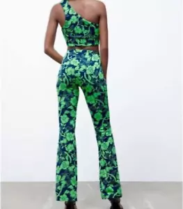 ZARA Green Navy Jacquard Floral Print High Waist Flare Stretch Pants Sz S NWT - Picture 1 of 6