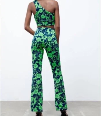 Pantalones ZARA Verde Azul Marino Jacquard Estampado Floral Cintura Alta Acampanados Elastizados Talla S Nuevos con Etiquetas Foto 1 de 4