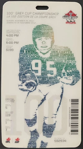 2012 100th Grey Cup Game Full Ticket CFL Football Normie Kwong Featured Argos Cover