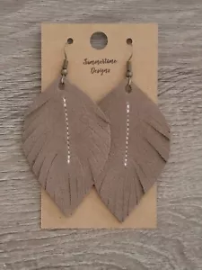 Handmade GENUINE Suede Leather Feather Earrings Taupe 2" - Picture 1 of 1