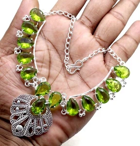 Green Peridot Gemstone Necklace 925 Sterling Silver Jewelry Size-17-18" - Picture 1 of 4