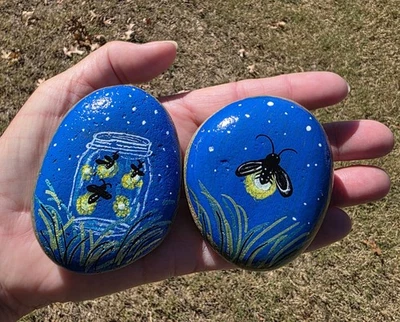  Hand Painted Kindness original Rock fireflies paper weight Painting Art Gift    - Image 1 of 4