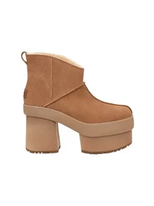 UGG Boots New Heights Platform Heels Sz 7.5 New Authentic Real Fur Bootie Camel - Picture 1 of 8