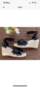 Caslon Shiloh Black Leather Espadrille 3" Wedge Heel Sandal Shoes 7 M - Picture 1 of 4