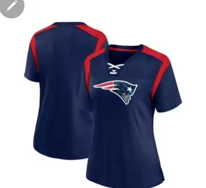 New England Patriots Women's Short Sleeve Lace Up V-Neck Top Football Apparel L - Picture 1 of 5