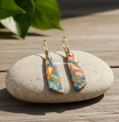 Rainbow Imperial Jasper Earrings Teardrop Dangle Healing Chakra Women Jewelry - Image 1 of 4